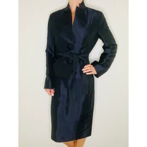 NWOT Rene Lezard 2 Piece Business Skirt Suit Navy Satin w Belt Size 38 / 8 JL
